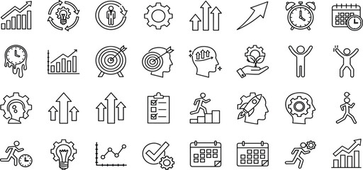 Fototapeta premium Productive business growth, time management, personal development, setting goals, success, achievement, workflow optimization, strategy planning, and efficiency concept icons