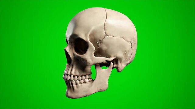 A realistic human skull with its jaw and small cracks in profile
