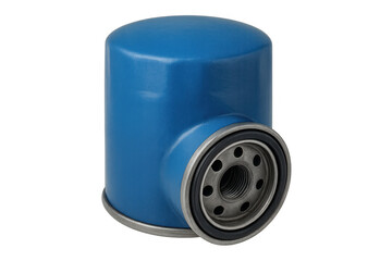 Blue automotive oil filter providing engine lubrication and filtration capability on a transparent background