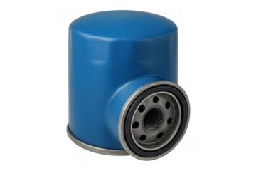 Blue automotive oil filter providing engine lubrication and filtration capability on a transparent background
