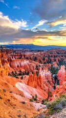 Majestic orange rock formations stretch beneath a dramatic sky at dusk