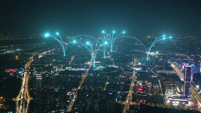 smart Connected city skyline. Futuristic network concept, city Technology.