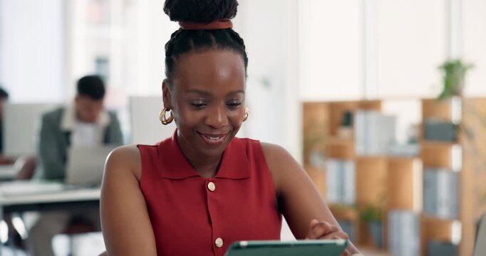 Media agency, thinking and woman with smile, tablet and submission with website blog. African person, copywriting and journalist with tech, online publication and magazine editor with digital app