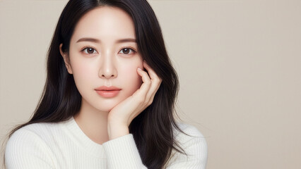 女性、頬杖、AI生成