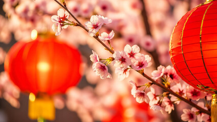 Vibrant Chinese New Year celebration with blooming flowers and red lanterns in a festive atmosphere