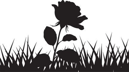 Black silhouette of rose flower and grass on white background