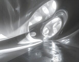 Futuristic, white, organic architectural space with flowing forms