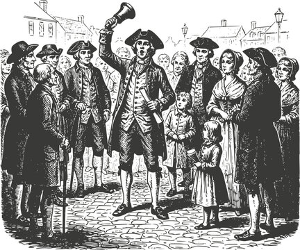 Vintage woodcut illustration of an 18th-century town crier ringing a bell to announce news to a crowd in a colonial square. Detailed retro historical scene, isolated on white.