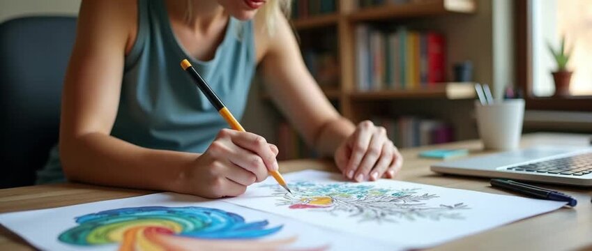 Artist draws colorful illustrations at a desk, camera smoothly panning over vibrant artwork, with ambient light flickering in a serene, creative workspace; cinematic style.