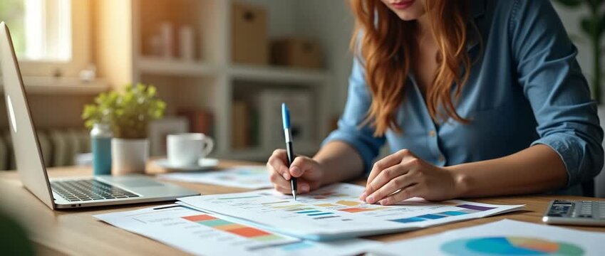 Young professional analyzing financial charts in a sunlit office, hand moving with pen, camera panning smoothly, papers gently shifting; cinematic and focused business scene.