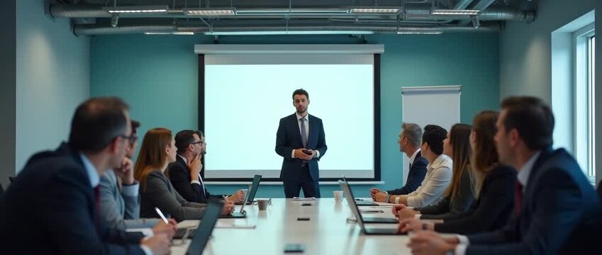 Business leader presents to engaged team in a modern conference room; camera pans slowly as ambient light flickers softly, creating a cinematic and professional atmosphere.