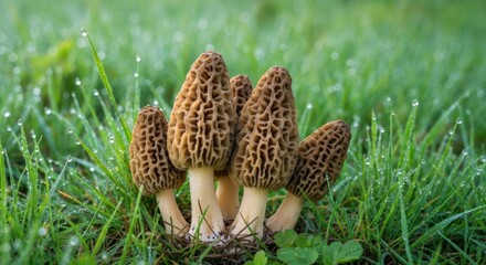 Cluster of mushrooms in dewy grass