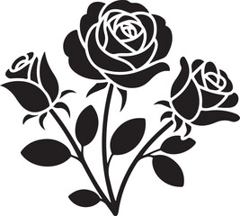 Black silhouette of three roses with leaves flower