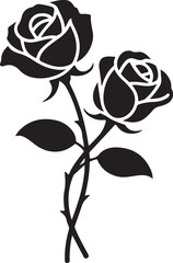 Black silhouette of two roses on stems with leaves