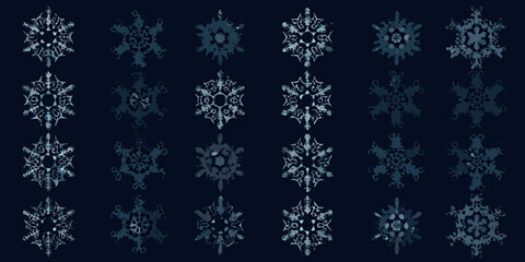 A collection of intricate blue pixelated snowflake designs on a dark background