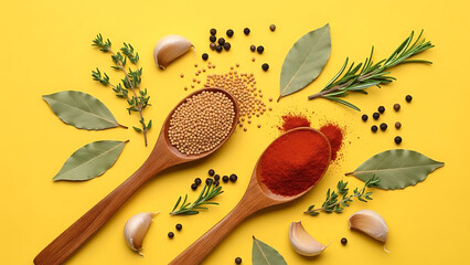 Two wooden spoons filled with spices and herbs arranged on yellow image