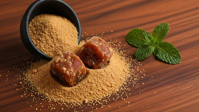 Two brown jaggery cubes and granular jaggery spilled from black bowl with mint leaves sugar