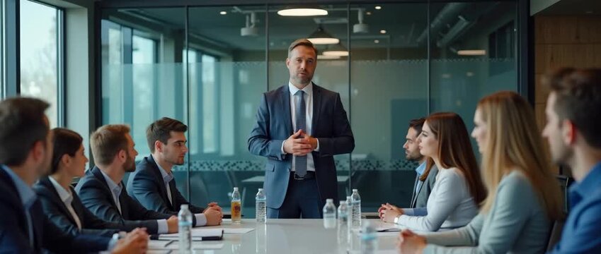 Business leader speaks confidently in a modern boardroom, as camera slowly pans across attentive team members, capturing dynamic corporate interaction with cinematic style and ambient lighting.
