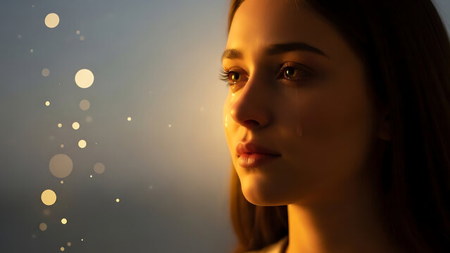 Sad woman crying with tears on her face and bokeh lights