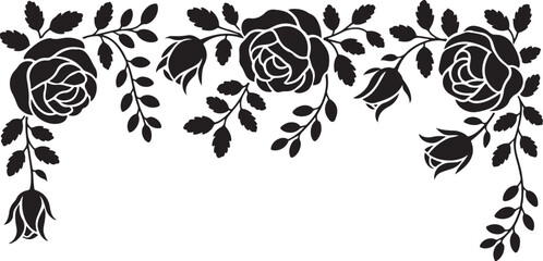 Black silhouette roses and leaves floral border design