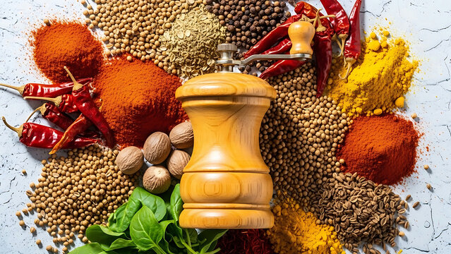 Wooden spice grinder surrounded by colorful spices and dried chilies mill pepper - Powered by Adobe