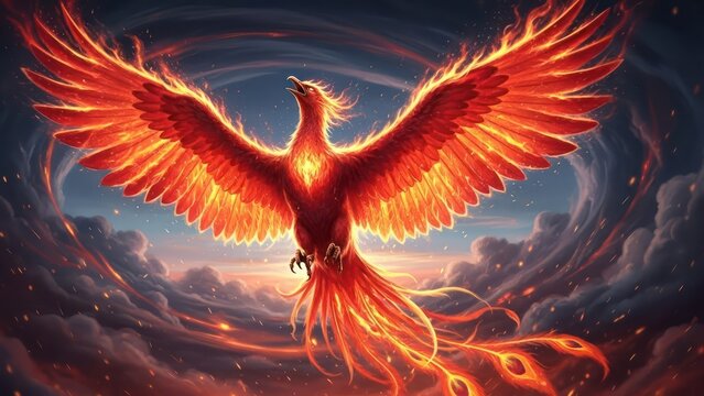 Majestic firebird spreading its fiery wings through a celestial sky backdrop
