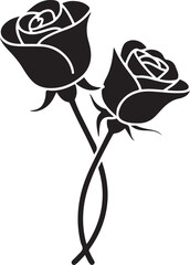 Two black roses with intertwined stems flower white