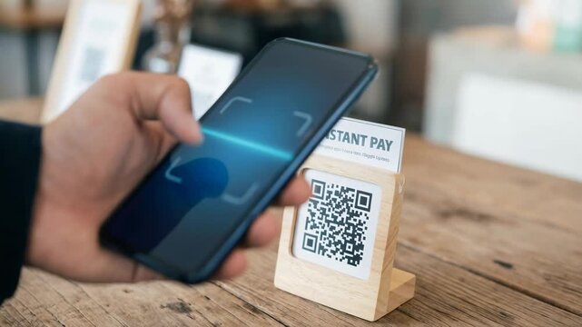 Instant payment solution concept. Mobile NFC Payment Solution Instant QR Code Scanning for Seamless Transactions Using Smartphone on Wooden Table