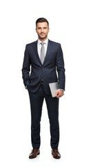 Confident Business Professional in Dark Suit Holding Folder.