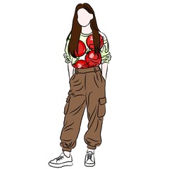 Playful Style: Woman in Cherry Print Top and Cargo Pants ​ © AKHMAD