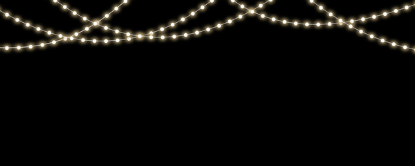 Christmas bulbs twinkle with gentle shine, festive garland string light. Christmas lights with glowing bulbs for holiday cards and banners overlay background. Vector Christmas lights on a transparent 