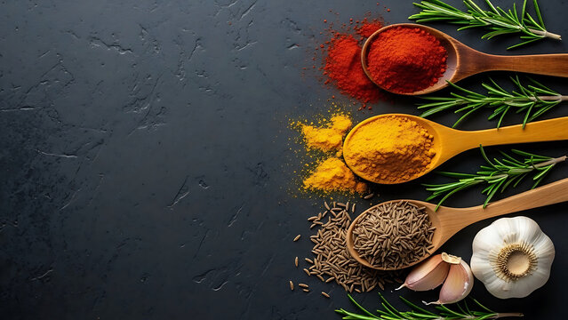 Wooden spoons with paprika turmeric cumin seeds rosemary and garlic image