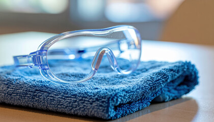 Safety goggle protective eyewear blue towel hygiene prevention pandemic preparedness healthcare medical clean equipment table support calm safe workplace and careful protection for eye health