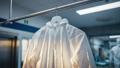 Fototapeta premium White protective suit medical gown hospital corridor sterile clothing pandemic safety infection control healthcare uniform clean room laboratory emergency ward hanging white protective suit bright