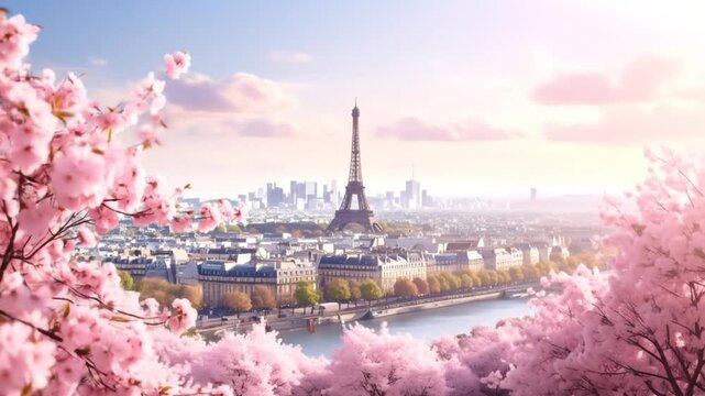 Paris in Springtime: Captivating View of Eiffel Tower Amidst Cherry Blossoms