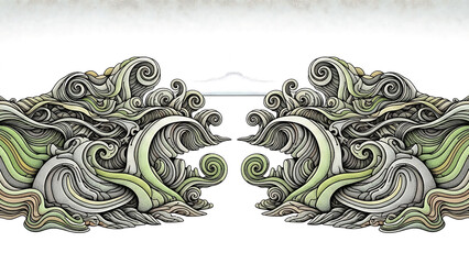 Swirling ocean waves in green and gray hues with mountain