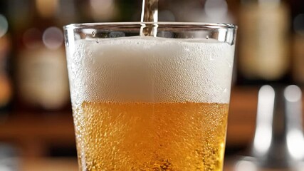 Refreshing golden lager beer is expertly poured into a chilled glass creating a perfect frothy head and effervescent bubbles ready to be enjoyed in a lively bar or pub setting symbolizing celebration.
