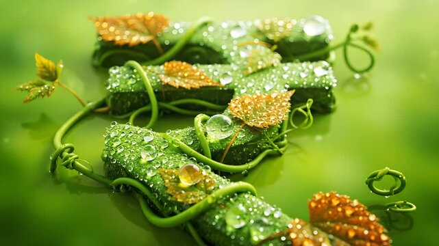 Indian Rupee Symbol Crafted from Lush Green Vines with Sparkling Water Droplets.