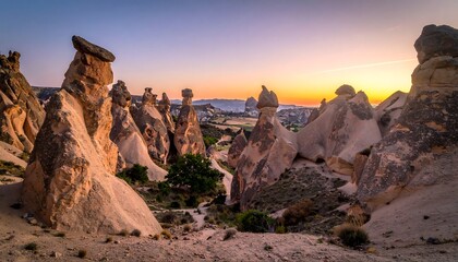 Cappadocia landscape at sunset showing fairy chimneys and a vast valley under a colorful, vibrant sky