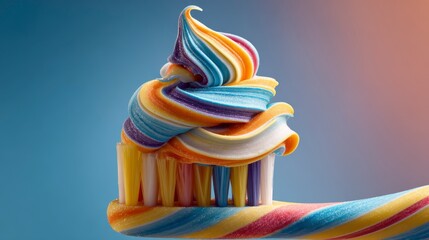 Close-up of a colorful, swirled toothpaste topping a toothbrush, set against a gradient blue and orange background. Focus is on the product