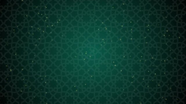 Ramadan kareem animation with light sparkles on dark green islamic geometric backdrop, suitable for religious, festive, and cultural projects.