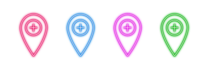 Neon glowing location pin vector icons set, map marker, medical cross, hospital, add point, GPS navigation, vibrant colorful digital design illustration on transparent background.