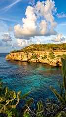 Coastal cliffs meet turquoise water under a partly cloudy sky, framed by lush vegetation in foreground