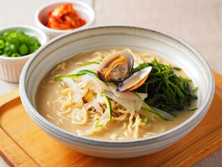 Delicious bowl of clam and seaweed soup on wooden tray