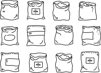 Set of  hand drawn paper packet or sack doodle, line art. Packaging element for shopping, groceries, gift, food, flour bag, seed. png vector doodle icon.