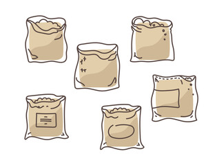 Set of  hand drawn paper packet or sack doodle, line art. Packaging element for shopping, groceries, gift, food, flour bag, seed. vector doodle icon.