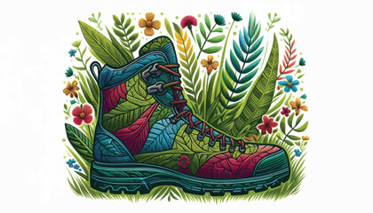 Fototapeta premium Vibrant hiking boot adorned with lush botanical patterns and natural elements.
