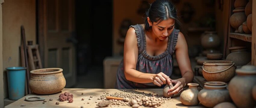 Artisan crafts pottery with precision, hands shaping clay on rustic table, as camera gently pans, capturing ambient light flicker in a serene, cinematic workshop setting.