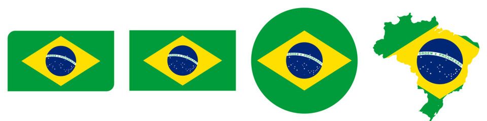 Obraz premium brazil circular flag, brazil rectangular flag, brazil map flag flat icon