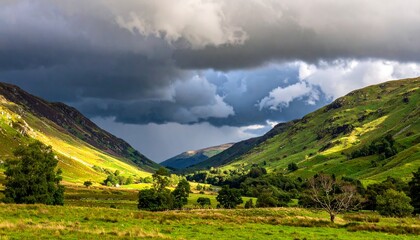 Obraz premium storm clouds rolling low over a quiet valley, dramatic but natural lighting